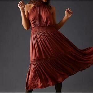 Anthropologie Tiered Halter Dress Pleated Ruffled Smocked Brown Rose 18W